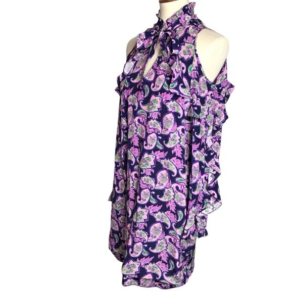 Sandro Paris 100% Silk Purple Paisley Ruffle Cold Shoulder Mini Party Dress 3/L - Picture 12 of 16